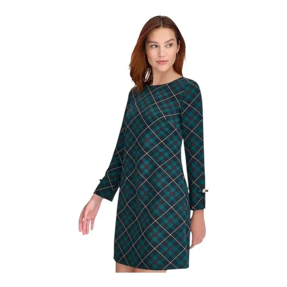Tommy Hilfiger Petite Plaid Long Sleeve Bow Cuff Shift Dress Green‎ 0P - Picture 2 of 4